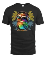 Colorful Owl Headphones Tee Retro Tropical Vibe TShirt - black t-shirt on white background