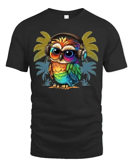 Colorful Owl Headphones Tee Retro Tropical Vibe TShirt - black t-shirt on white background