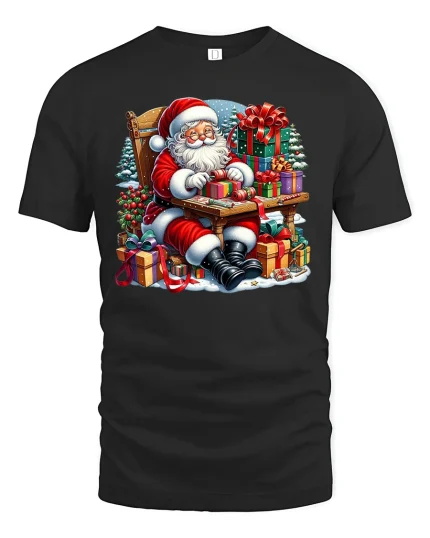 Santa’s Holiday Gift Wrapping Magic Christmas T-Shirt - black t-shirt on white background