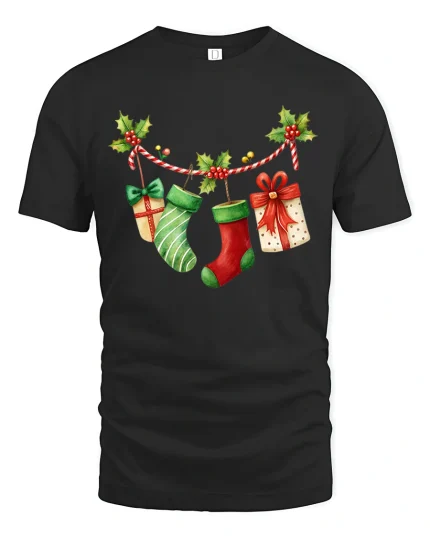 Festive Stockings Garland Christmas Cheer Tee - black t-shirt on white background