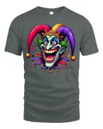 Crazy Jester Smile Tee Colorful Joker Art TShirt for Fans - gray t-shirt on white background