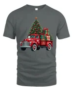 Vintage Christmas Truck Tee with Tree and Holiday Gifts - gray t-shirt on white background