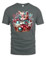 Cute Christmas Kitten Tee Holiday Basket and Ornaments Tshirt - gray t-shirt on white background
