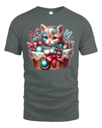 Cute Christmas Kitten Tee Holiday Basket and Ornaments Tshirt - gray t-shirt on white background
