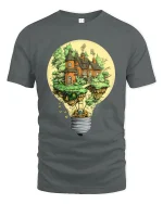 Fantasy Lightbulb House Tee Creative Floating Cottage Tshirt - gray t-shirt on white background