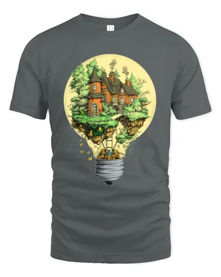 Fantasy Lightbulb House Tee Creative Floating Cottage Tshirt - gray t-shirt on white background