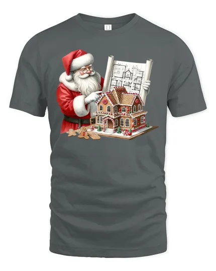 Santa Gingerbread Architect Tee Funny Christmas Blueprint Tshirt - gray t-shirt on white background