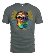 Colorful Owl Headphones Tee Retro Tropical Vibe TShirt - gray t-shirt on white background