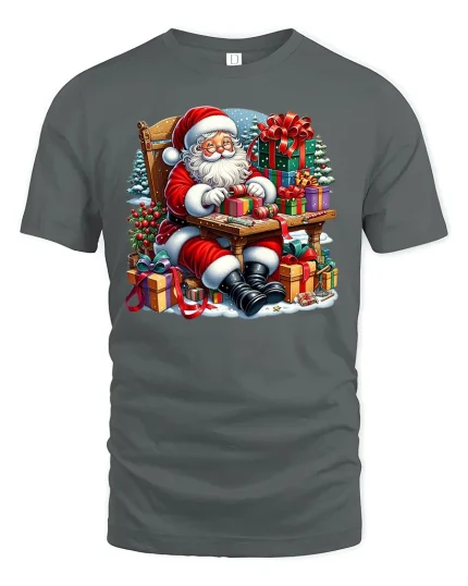 Santa’s Holiday Gift Wrapping Magic Christmas T-Shirt - gray t-shirt on white background
