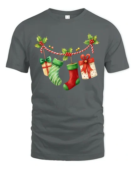 Festive Stockings Garland Christmas Cheer Tee - gray t-shirt on white background