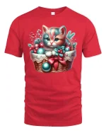 Cute Christmas Kitten Tee Holiday Basket and Ornaments Tshirt - red t-shirt on white background