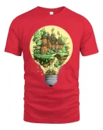 Fantasy Lightbulb House Tee Creative Floating Cottage Tshirt - red t-shirt on white background