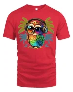 Colorful Owl Headphones Tee Retro Tropical Vibe TShirt - red t-shirt on white background