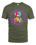 Rainbow Teddy Love Cute Plush Bear Art Tee for Trendy Style - military green t-shirt on white background