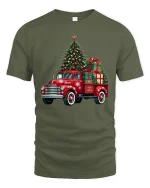 Vintage Christmas Truck Tee with Tree and Holiday Gifts - military green t-shirt on white background