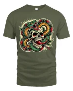 Venom Skull Strike Art Tee for Bold Style Lovers - military green t-shirt on white background