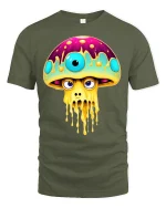 Psychedelic Drip Shroom Monster Art Tee for Trippy Style Fans - military green t-shirt on white background