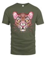 Psychedelic Leopard Face Art Tee - Wild Trippy Animal Tshirt - military green t-shirt on white background