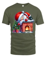 Funny Santa Stuck on Chimney Christmas Tee for Holiday Fun - military green t-shirt on white background