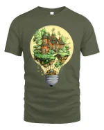 Fantasy Lightbulb House Tee Creative Floating Cottage Tshirt - military green t-shirt on white background