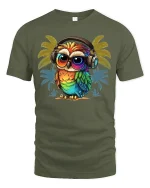 Colorful Owl Headphones Tee Retro Tropical Vibe TShirt - military green t-shirt on white background