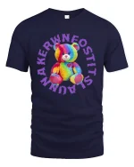 Rainbow Teddy Love Cute Plush Bear Art Tee for Trendy Style - navy t-shirt on white background
