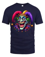 Crazy Jester Smile Tee Colorful Joker Art TShirt for Fans - navy t-shirt on white background
