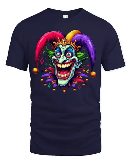 Crazy Jester Smile Tee Colorful Joker Art TShirt for Fans - navy t-shirt on white background