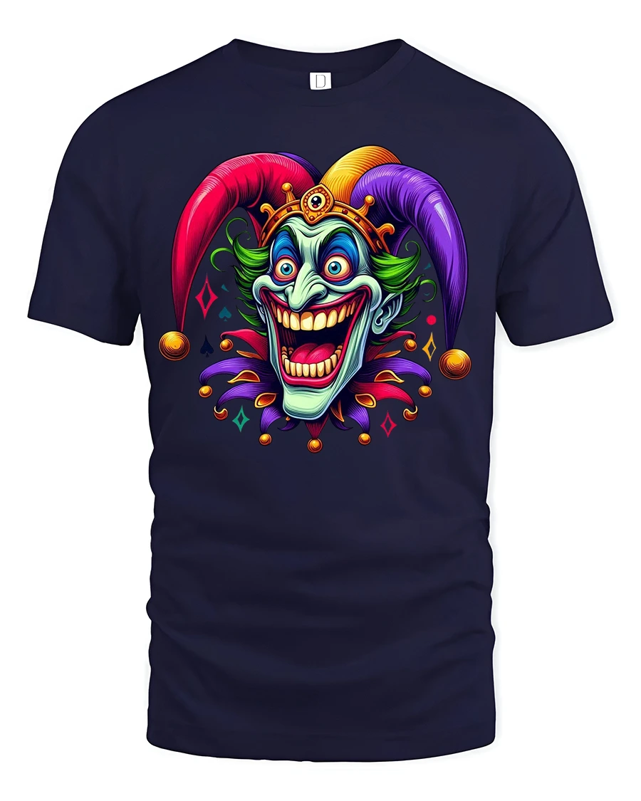 Crazy Jester Smile Tee Colorful Joker Art TShirt for Fans - 1 Crazy Jester Smile Tee Colorful Joker Art TShirt for Fans - navy t-shirt on white background