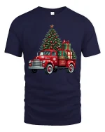 Vintage Christmas Truck Tee with Tree and Holiday Gifts - navy t-shirt on white background