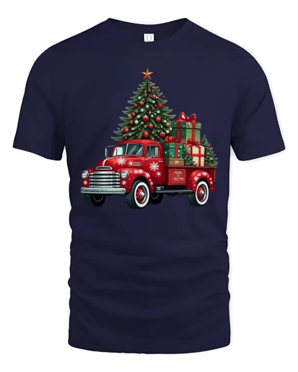 Vintage Christmas Truck Tee with Tree and Holiday Gifts - navy t-shirt on white background