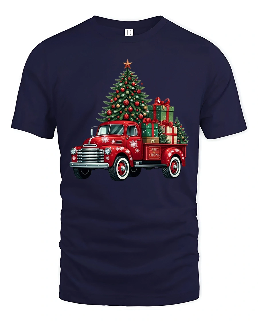 Vintage Christmas Truck Tee with Tree and Holiday Gifts - 1 Vintage Christmas Truck Tee with Tree and Holiday Gifts - navy t-shirt on white background
