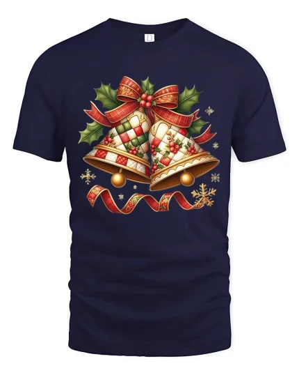 Festive Christmas Bells Tee with Holly and Holiday Ribbon - navy t-shirt on white background