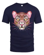 Psychedelic Leopard Face Art Tee - Wild Trippy Animal Tshirt - navy t-shirt on white background