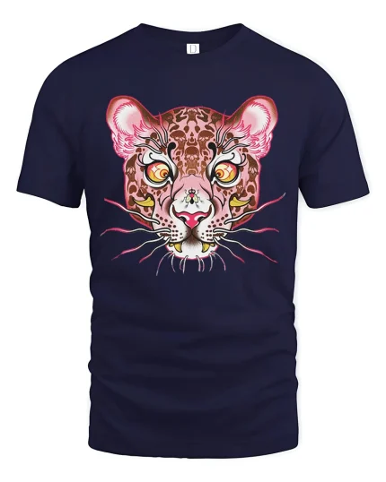 Psychedelic Leopard Face Art Tee - Wild Trippy Animal Tshirt - navy t-shirt on white background
