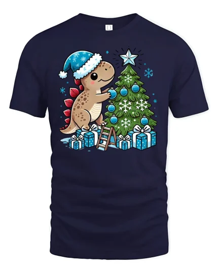 Cute Dino Decorating Christmas Tree Holiday Fun T-Shirt - navy t-shirt on white background