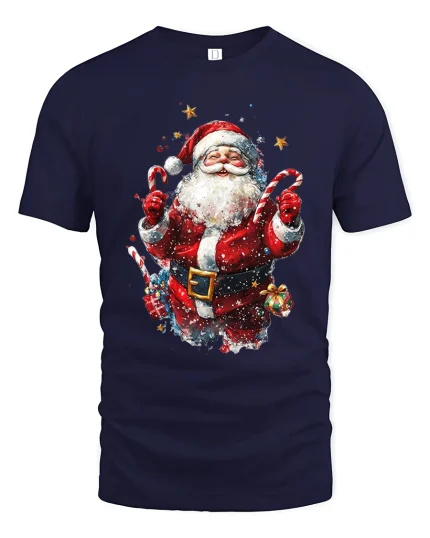 Jolly Santa Candy Cane Party Christmas Tee for Holiday Fun - navy t-shirt on white background
