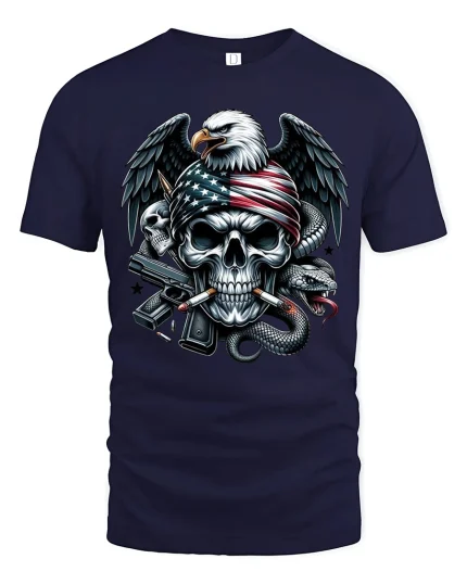 Patriotic Eagle Skull Snake Warrior Graphic Tee for Men - navy t-shirt on white background