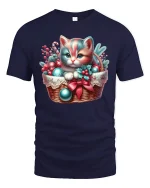 Cute Christmas Kitten Tee Holiday Basket and Ornaments Tshirt - navy t-shirt on white background