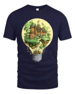 Fantasy Lightbulb House Tee Creative Floating Cottage Tshirt - navy t-shirt on white background