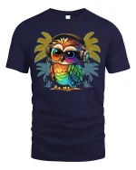 Colorful Owl Headphones Tee Retro Tropical Vibe TShirt - navy t-shirt on white background