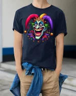 Crazy Jester Smile Tee Colorful Joker Art TShirt for Fans - model wearing navy tee with hands in pockets