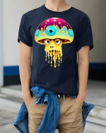 Psychedelic Drip Shroom Monster Art Tee for Trippy Style Fans - model wearing navy tee with hands in pockets