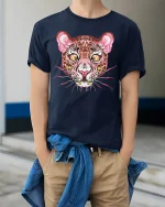 Psychedelic Leopard Face Art Tee - Wild Trippy Animal Tshirt - model wearing navy tee with hands in pockets
