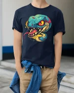 Vibrant Venom Snake Art Tee for Bold Streetwear Style - model wearing navy tee with hands in pockets