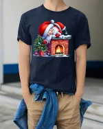 Funny Santa Stuck on Chimney Christmas Tee for Holiday Fun - model wearing navy tee with hands in pockets