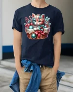 Cute Christmas Kitten Tee Holiday Basket and Ornaments Tshirt - model wearing navy tee with hands in pockets