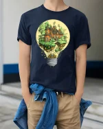 Fantasy Lightbulb House Tee Creative Floating Cottage Tshirt - model wearing navy tee with hands in pockets