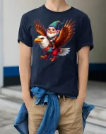 Cute Gnome Eagle Rider Tee Colorful Fantasy Adventure Tshirt - model wearing navy tee with hands in pockets