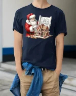 Santa Gingerbread Architect Tee Funny Christmas Blueprint Tshirt - model wearing navy tee with hands in pockets